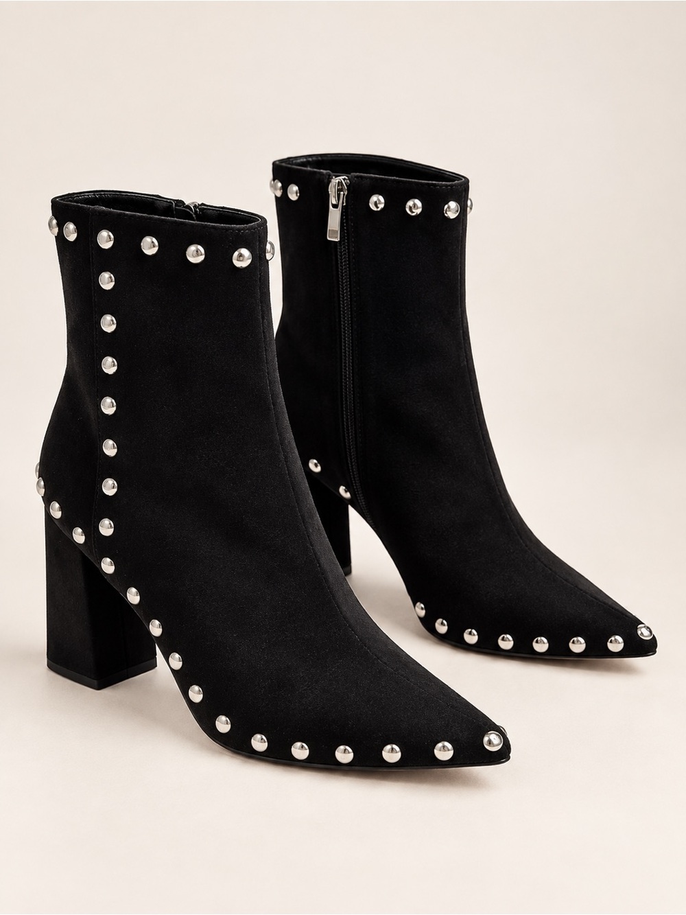 Black Faux Suede Studded Pointed Toe Block Heel Ankle Boots Size 10 10.5 42